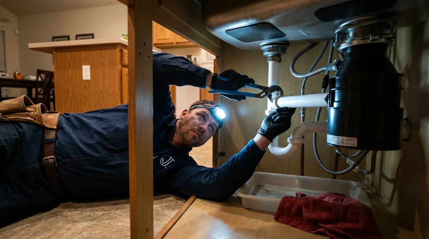 P-trap and supply line connections under a kitchen sink showing a common leak point in Hanover, PA